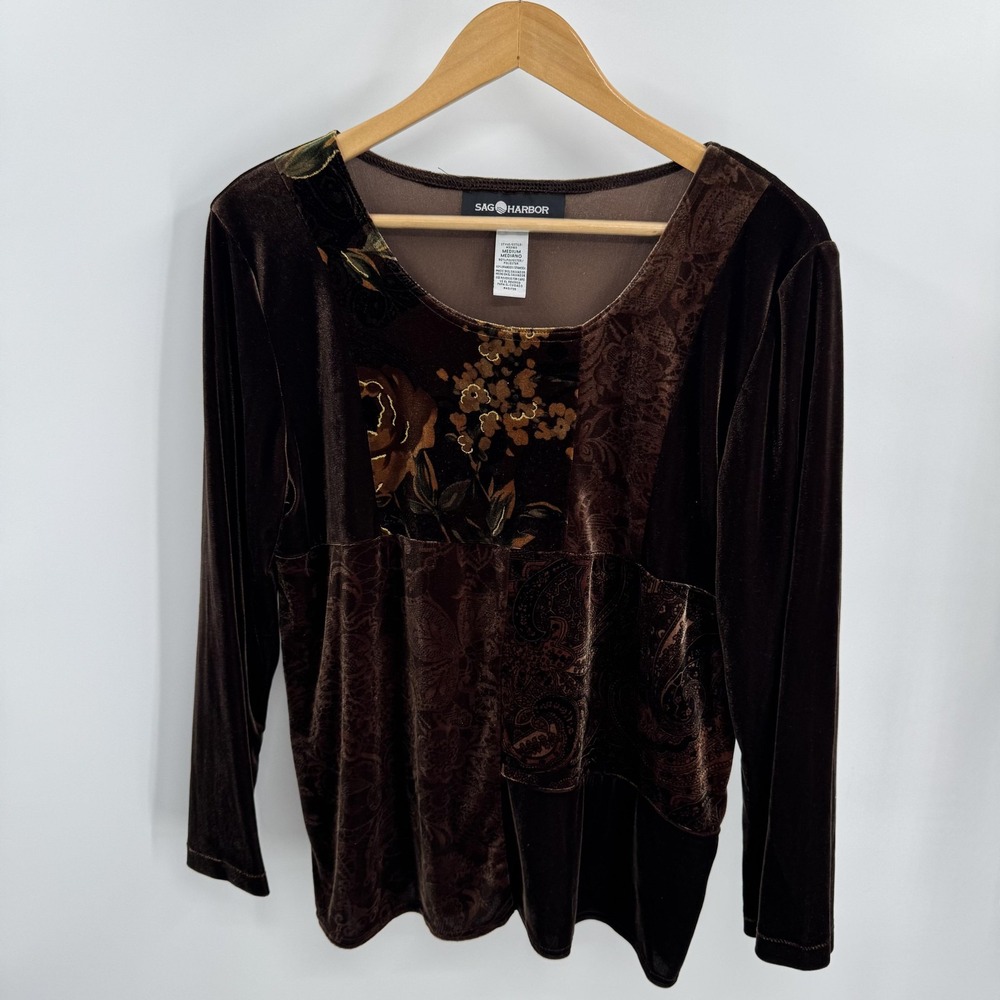 Sag Harbor Womens Velvet Patchwork Top Size M Brown Floral Paisley Forest Fairy